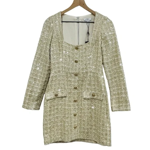 Gianni Bini Lissy Sequin Tweed Long Sleeve Button Front Mini Dress Champagne NEW - Picture 3 of 16